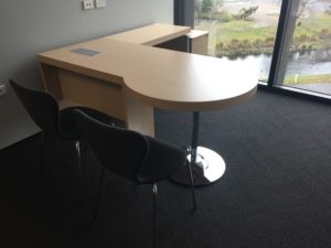 veneer desk with meeting end and return chromed pedestal base